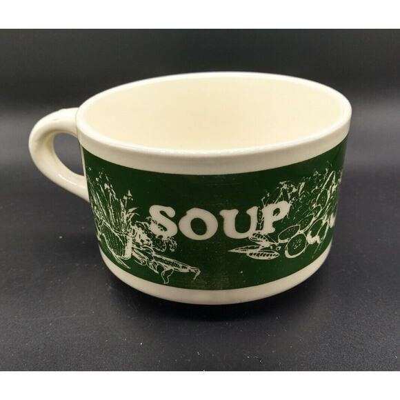 VTG USA Pottery Vegetable Soup Mug Bowl Green Transferware Handled Stoneware Cup - Picture 4 of 8